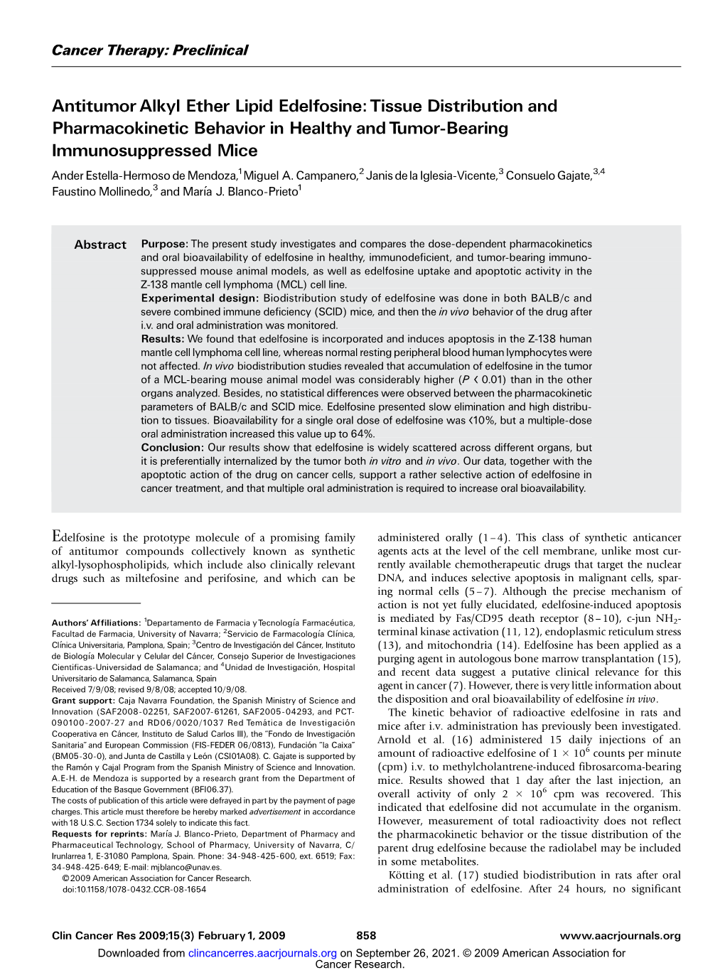 Antitumor Alkyl Ether Lipid Edelfosine: Tissue Distribution And