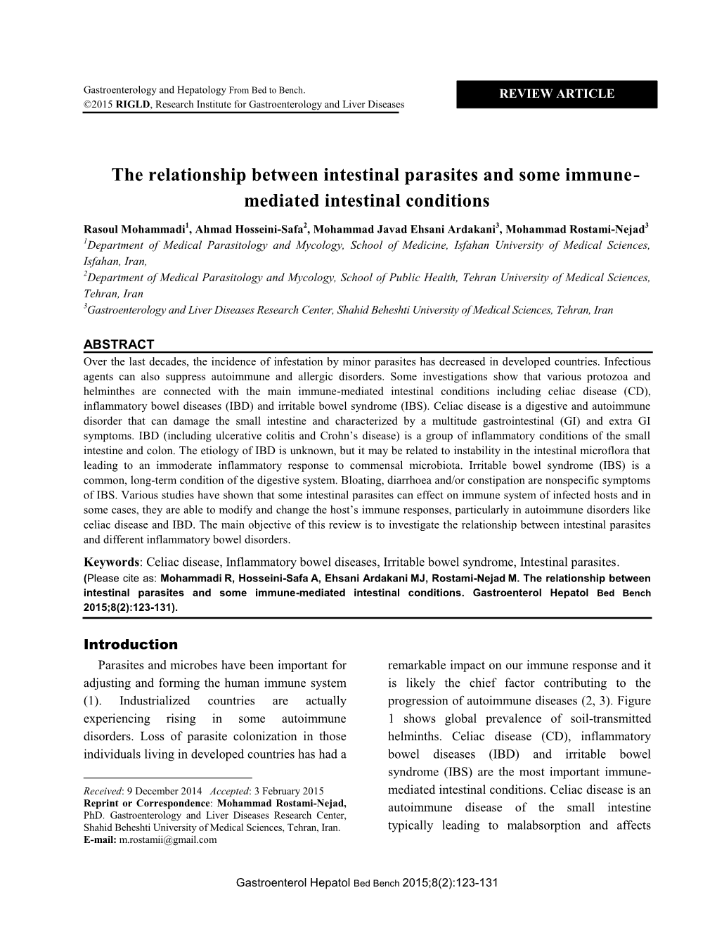 The Relationship Between Intestinal Parasites and Some Immune- Mediated Intestinal Conditions