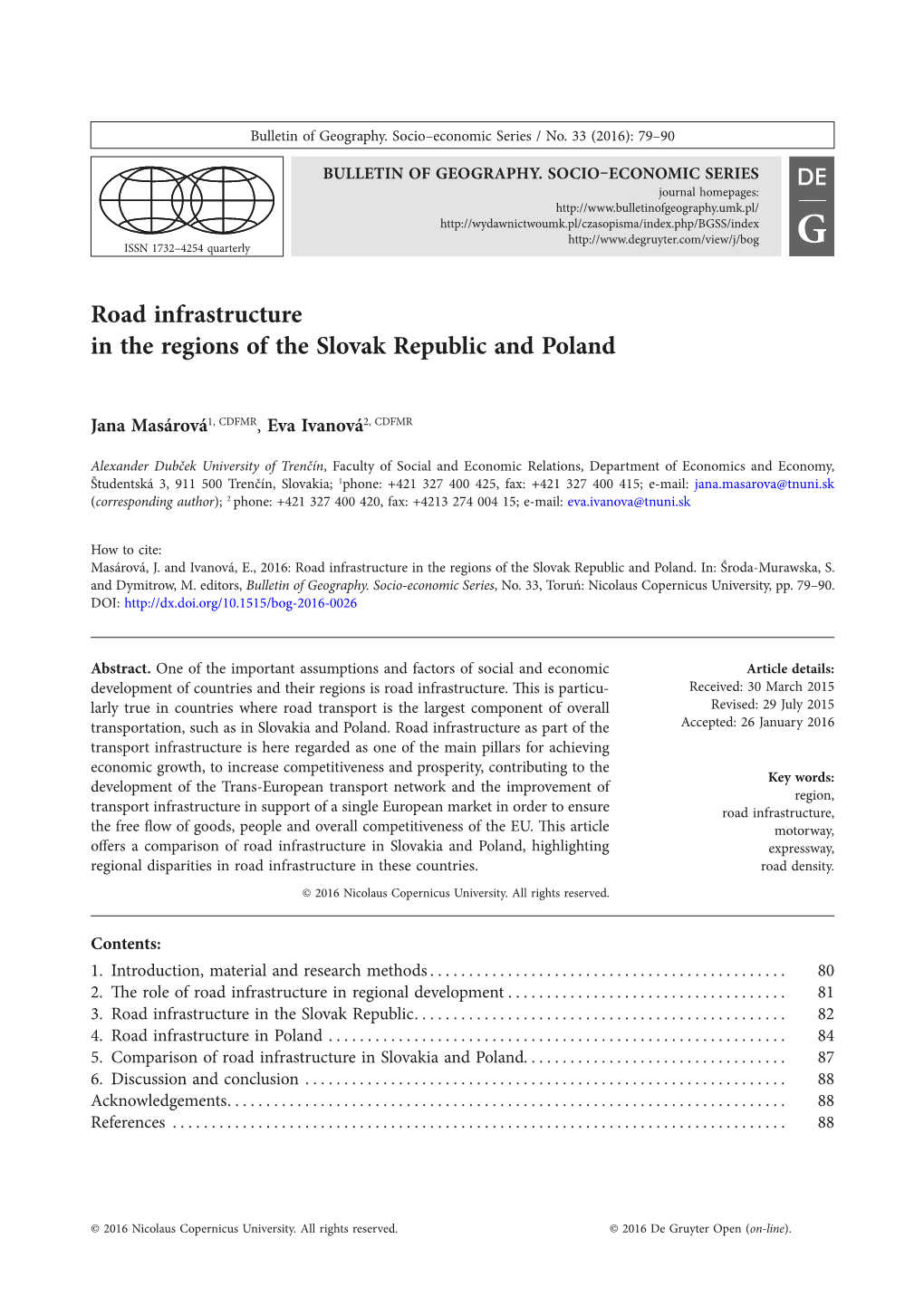 Road Infrastructure in the Regions of the Slovak Republic and Poland