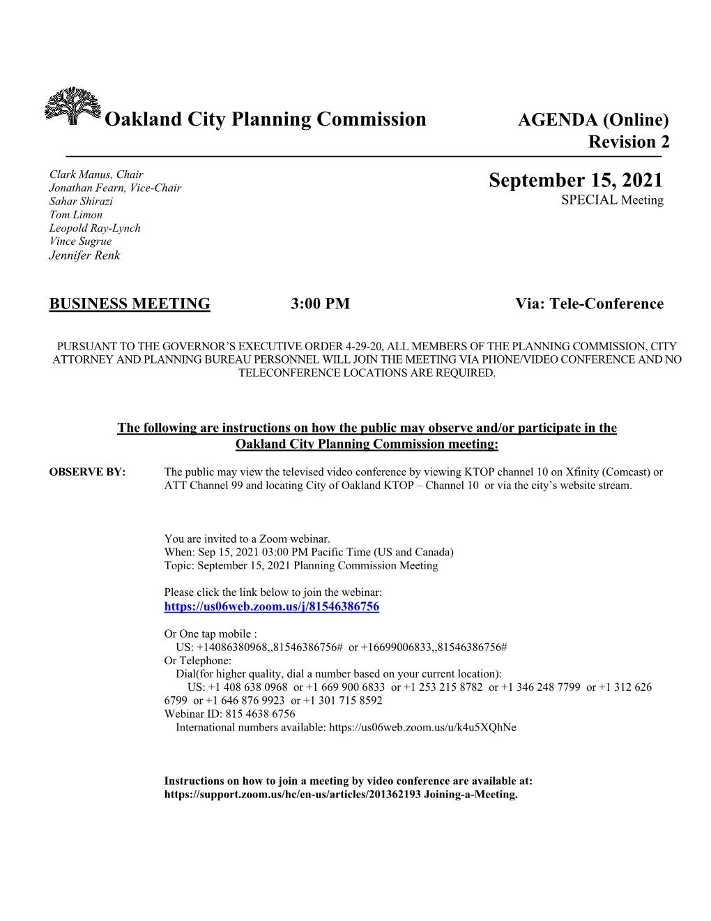 Oakland City Planning Commission September 15, 2021