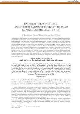 Ramses Ii Helps the Dead: an Interpretation of Book of the Dead Supplementary Chapter 166*