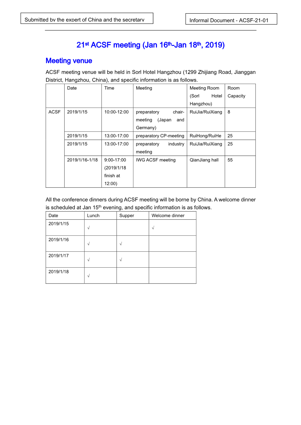 21St ACSF Meeting (Jan 16Th-Jan 18Th, 2019)