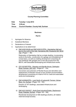 County Planning Committee Date Tuesday 1 July 2014 Time 2.00 Pm