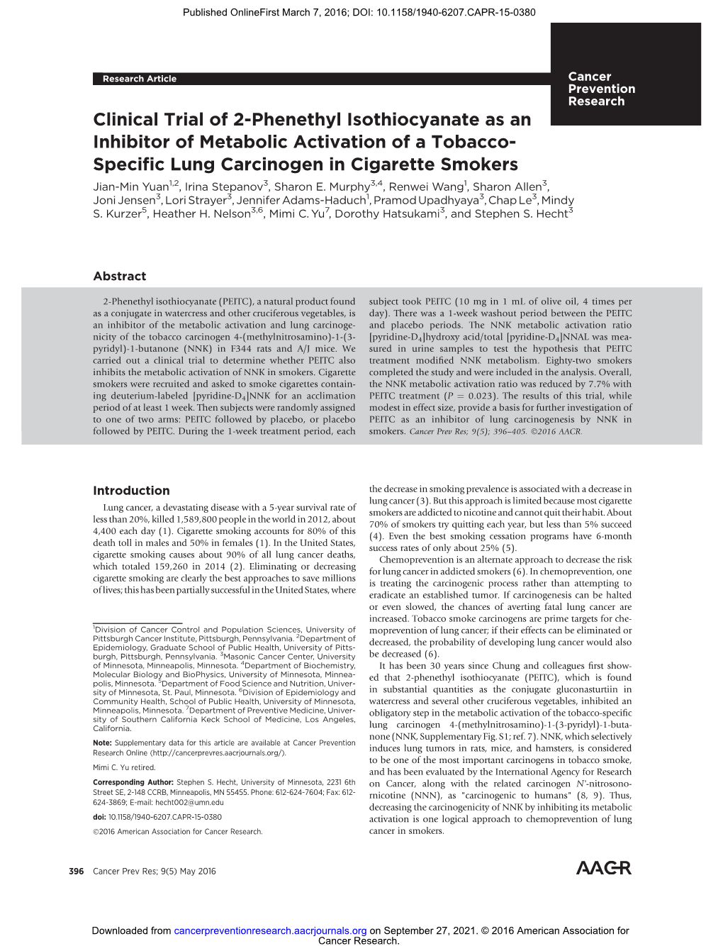 Clinical Trial of 2-Phenethyl Isothiocyanate As an Inhibitor Of