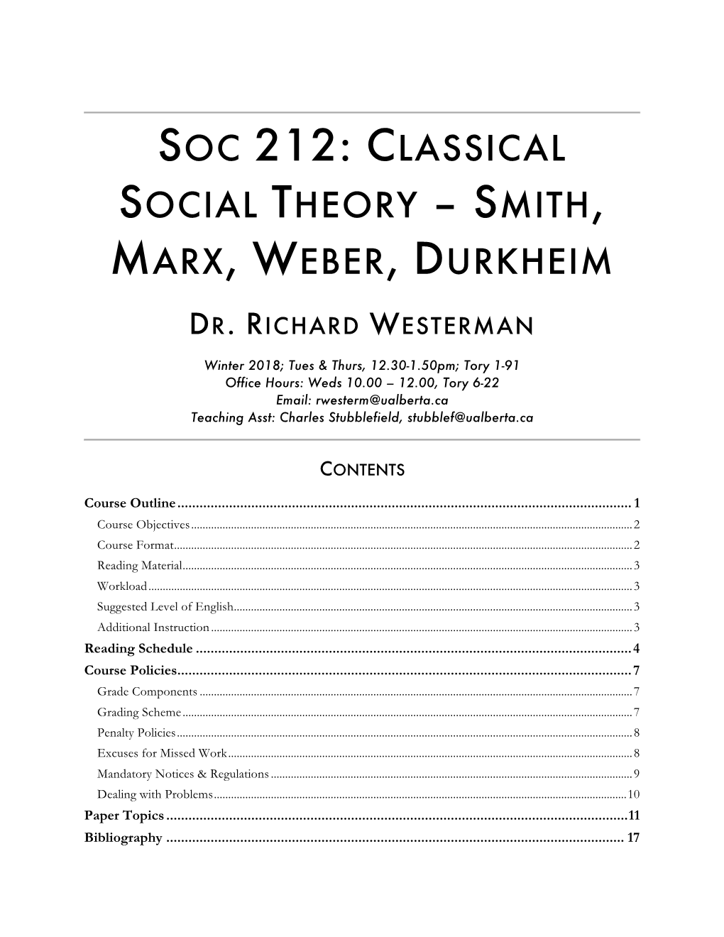 Soc 212: Classical Social Theory – Smith, Marx, Weber, Durkheim