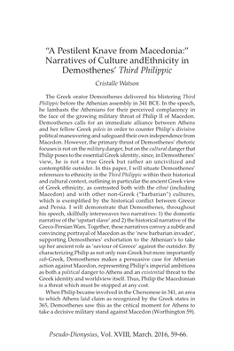 “A Pestilent Knave from Macedonia:” Narratives of Culture Andethnicity in Demosthenes’ Third Philippic Cristalle Watson