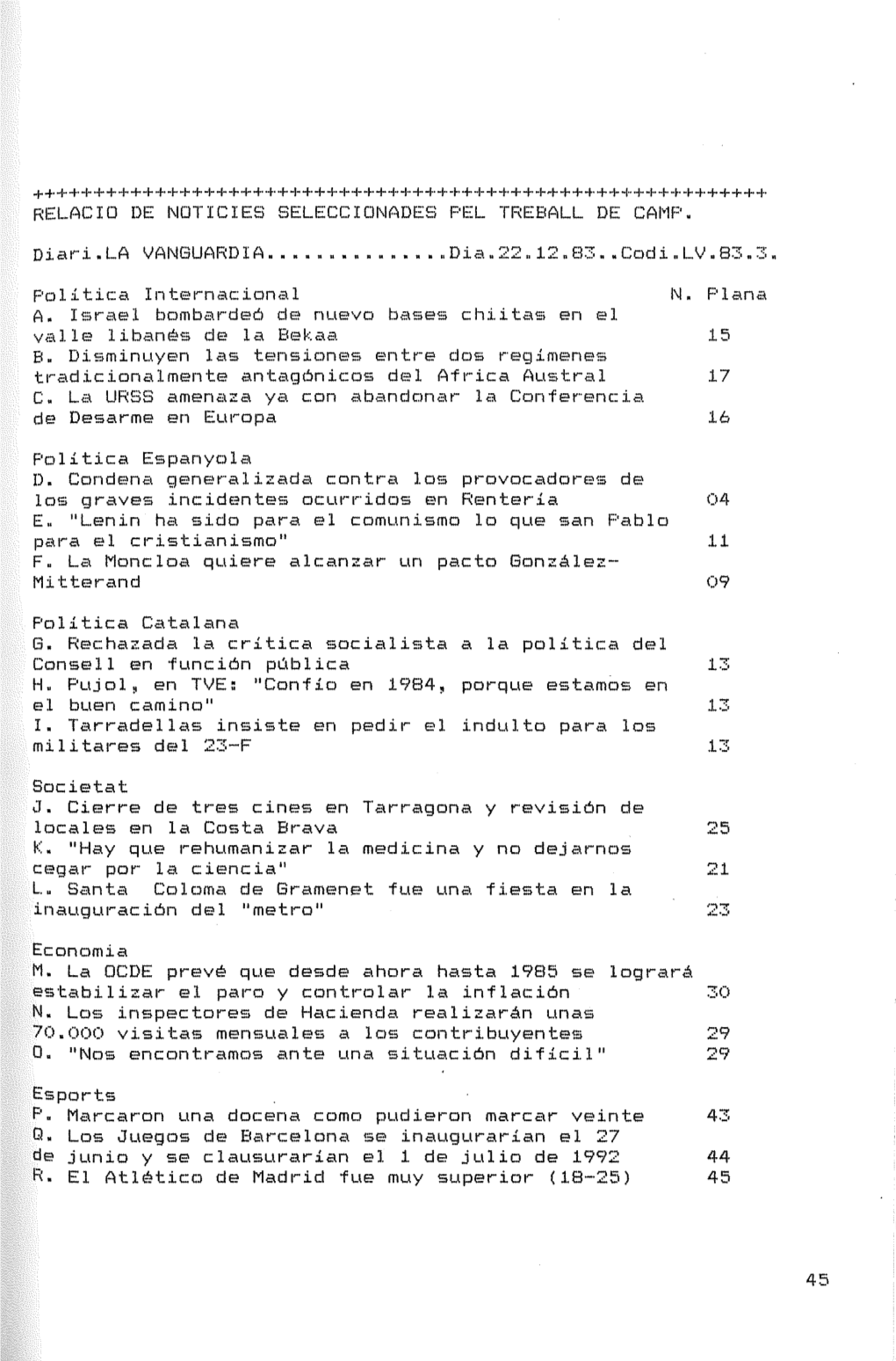 RELACIÓ DE NOTICIES SELECCIONADES PEL TREBALL DE CAMP. Diari.LA VANGUARDIA...Dia.22.12.83..Codi.LV.83.3, Política