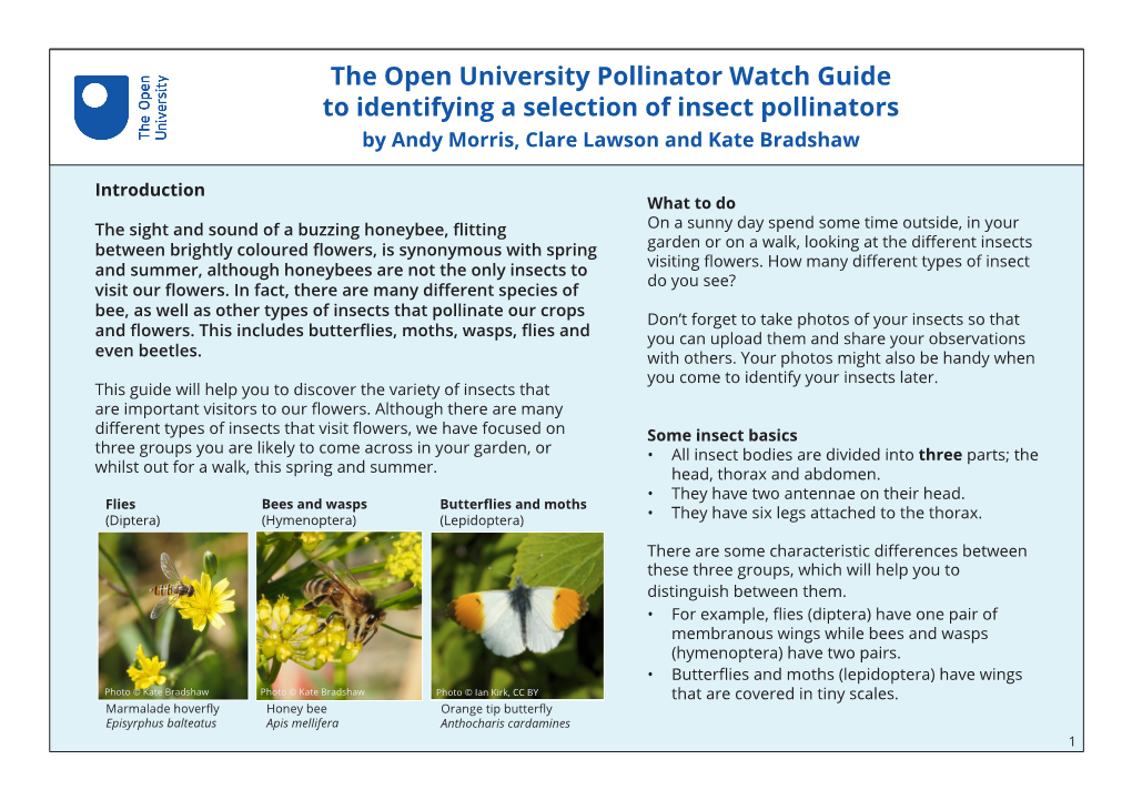 The Open University Pollinator Watch Guide to Identifying a Selection of Insect Pollinators by Andy Morris, Clare Lawson and Kate Bradshaw