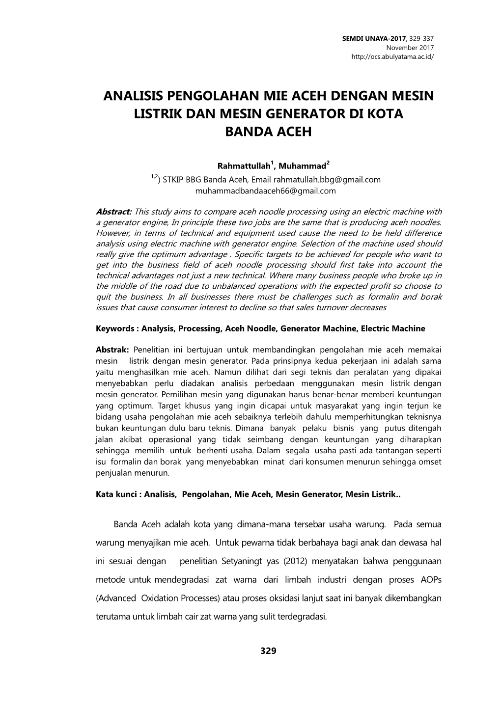 Analisis Pengolahan Mie Aceh Dengan Mesin Listrik Dan Mesin Generator Di Kota Banda Aceh