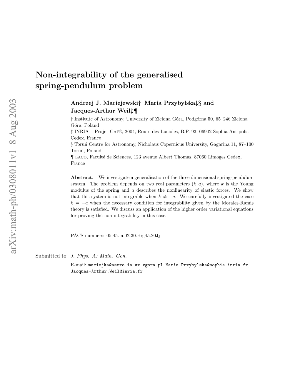 Non-Integrability of the Generalised Spring-Pendulum Problem 2