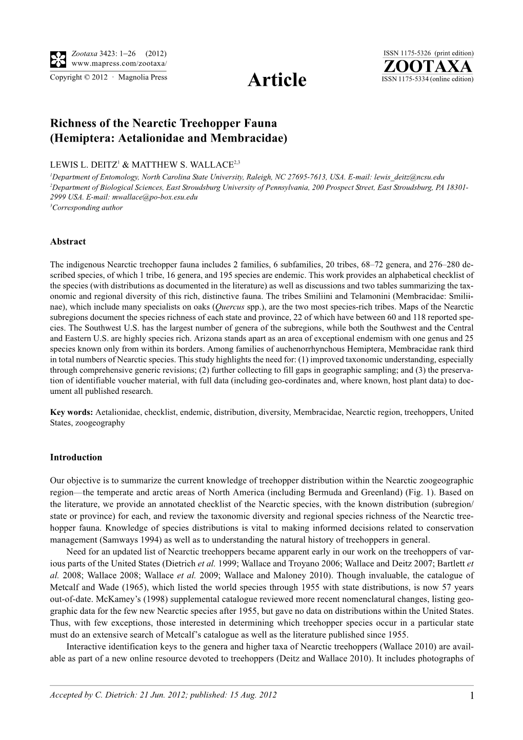 Richness of the Nearctic Treehopper Fauna (Hemiptera: Aetalionidae and Membracidae)