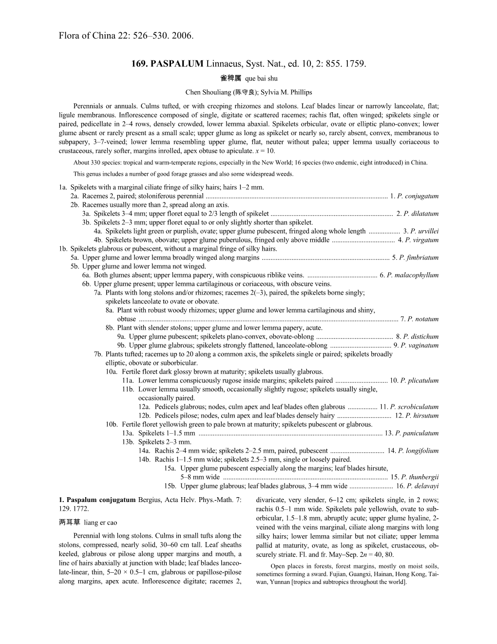 Flora of China 22: 526–530. 2006. 169. PASPALUM Linnaeus, Syst