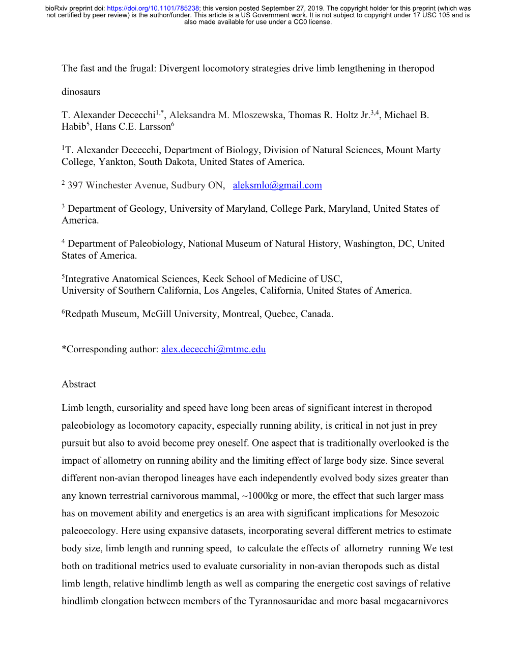 Divergent Locomotory Strategies Drive Limb Lengthening in Theropod