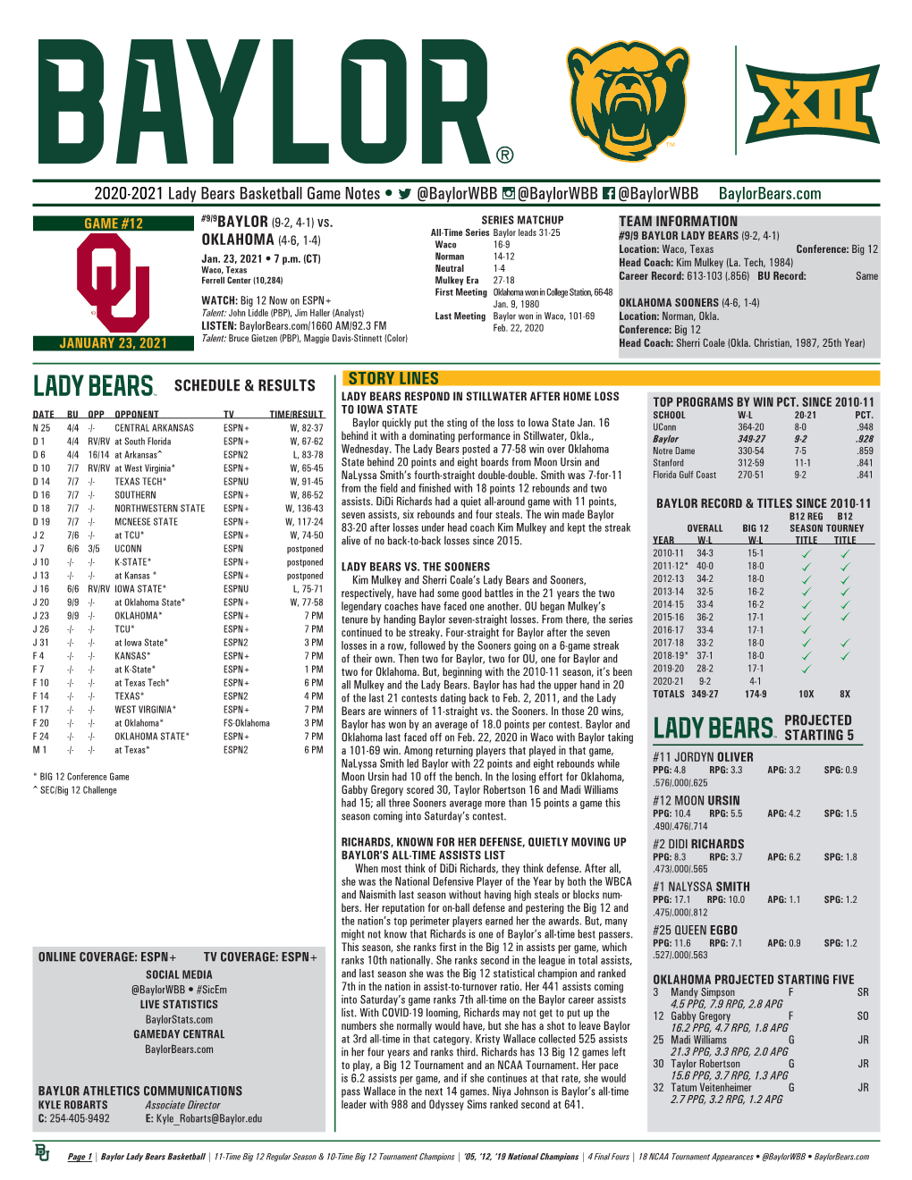 2020-2021 Lady Bears Basketball Game Notes • @Baylorwbb @Baylorwbb @Baylorwbb Baylorbears.Com GAME #12 #9/9BAYLOR (9-2, 4-1) Vs