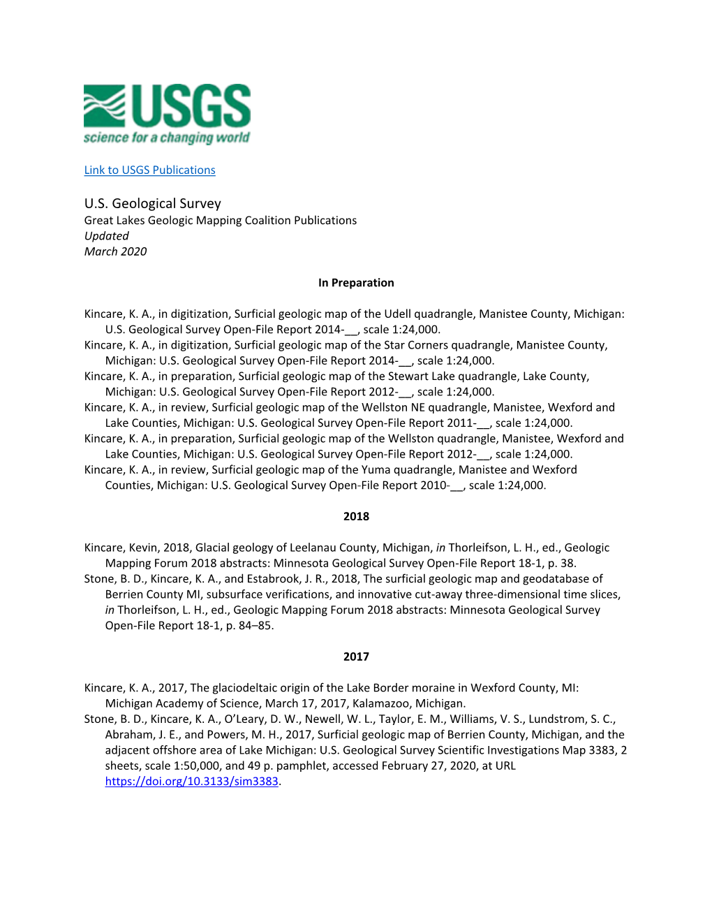 U.S. Geological Survey Great Lakes Geologic Mapping Coalition Publications Updated March 2020