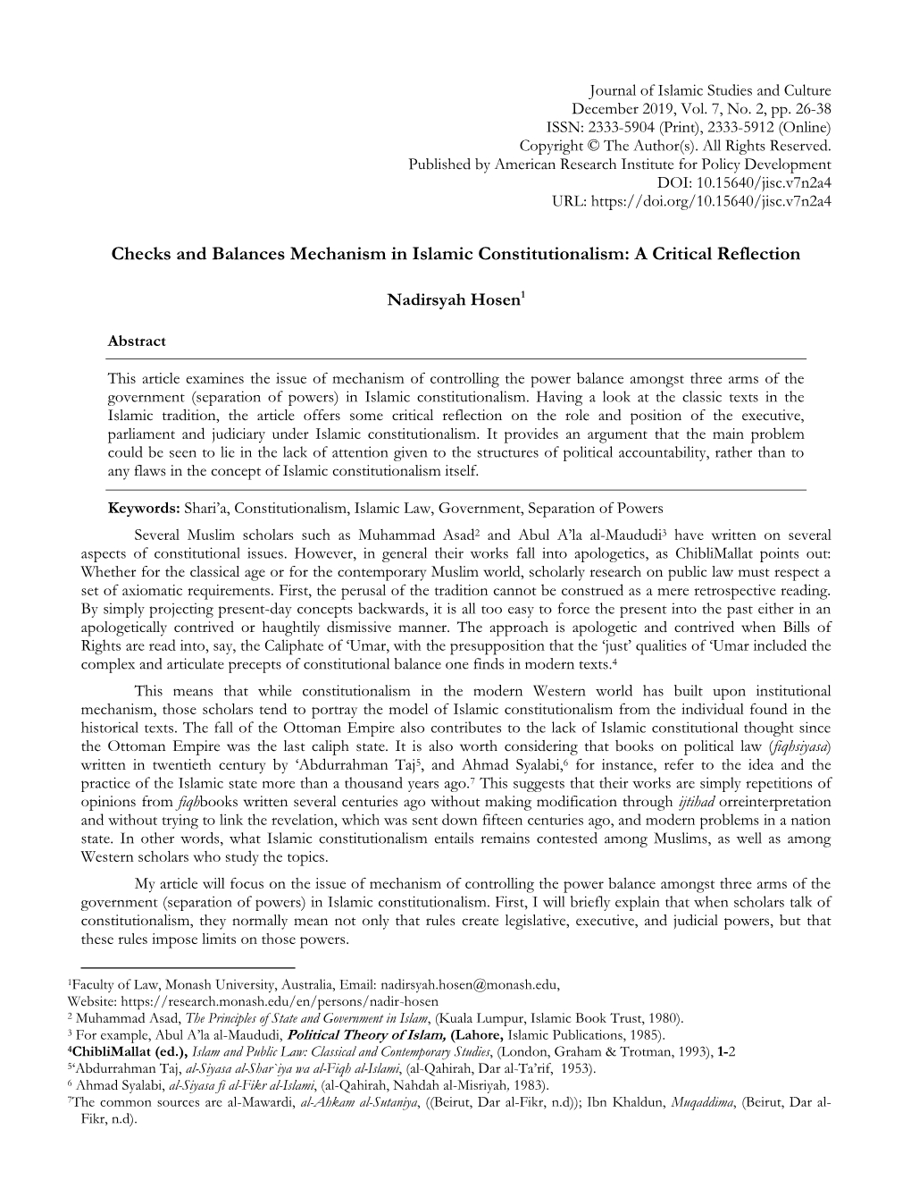 Checks and Balances Mechanism in Islamic Constitutionalism: a Critical Reflection