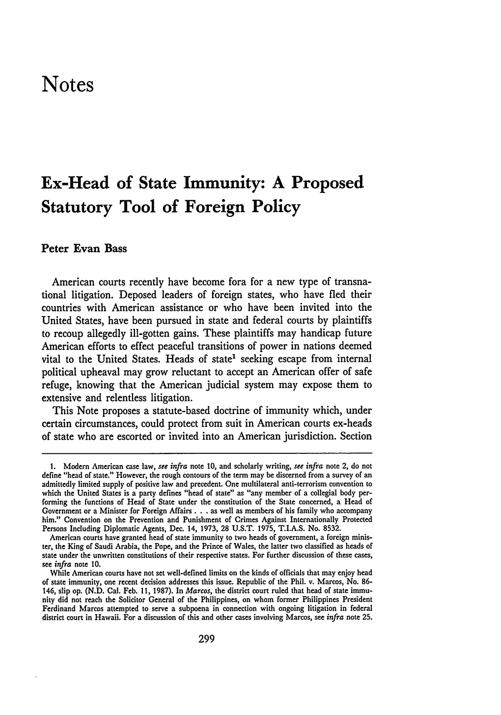 Ex-Head of State Immunity: a Proposed Statutory Tool of Foreign Policy