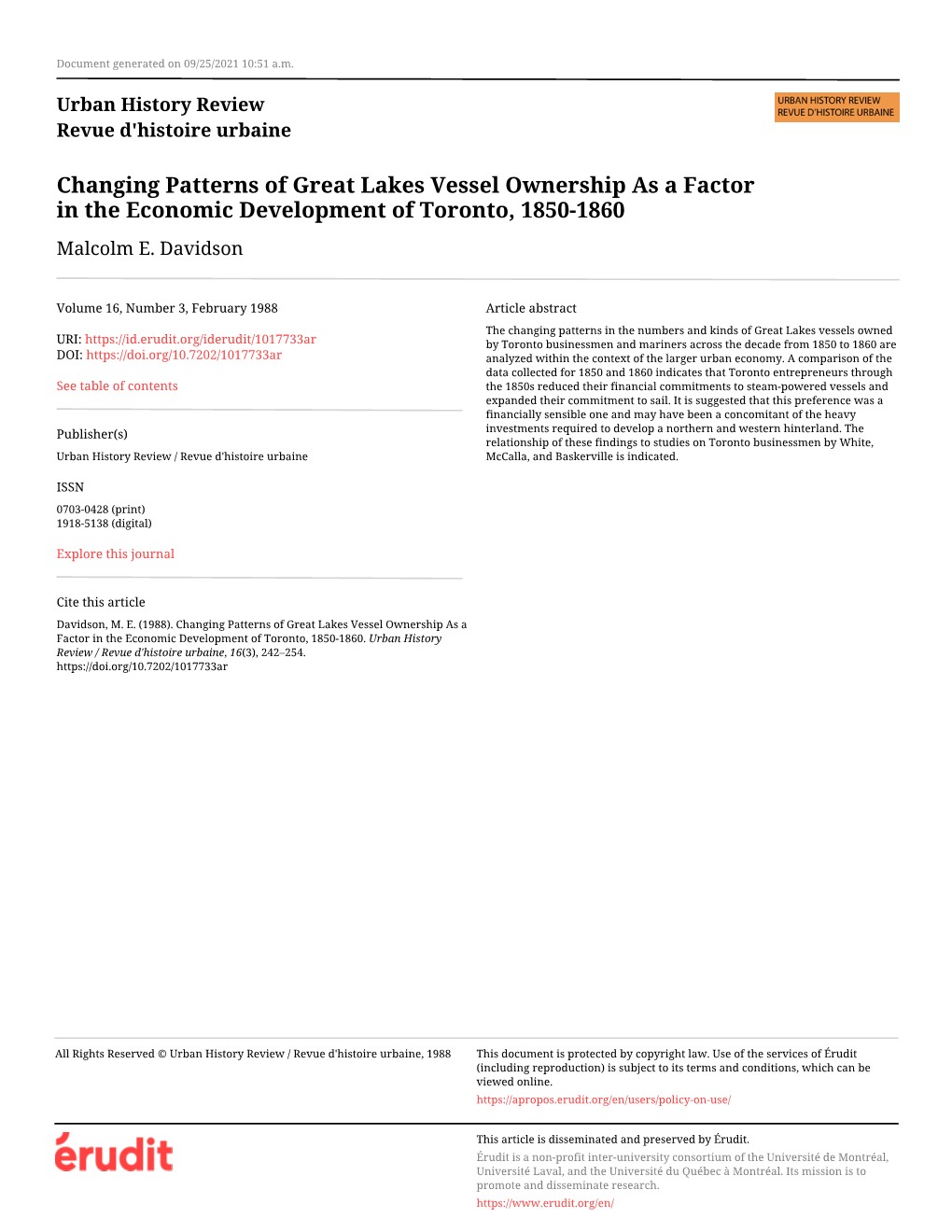 Changing Patterns of Great Lakes Vessel Ownership As a Factor in the Economic Development of Toronto, 1850-1860 Malcolm E