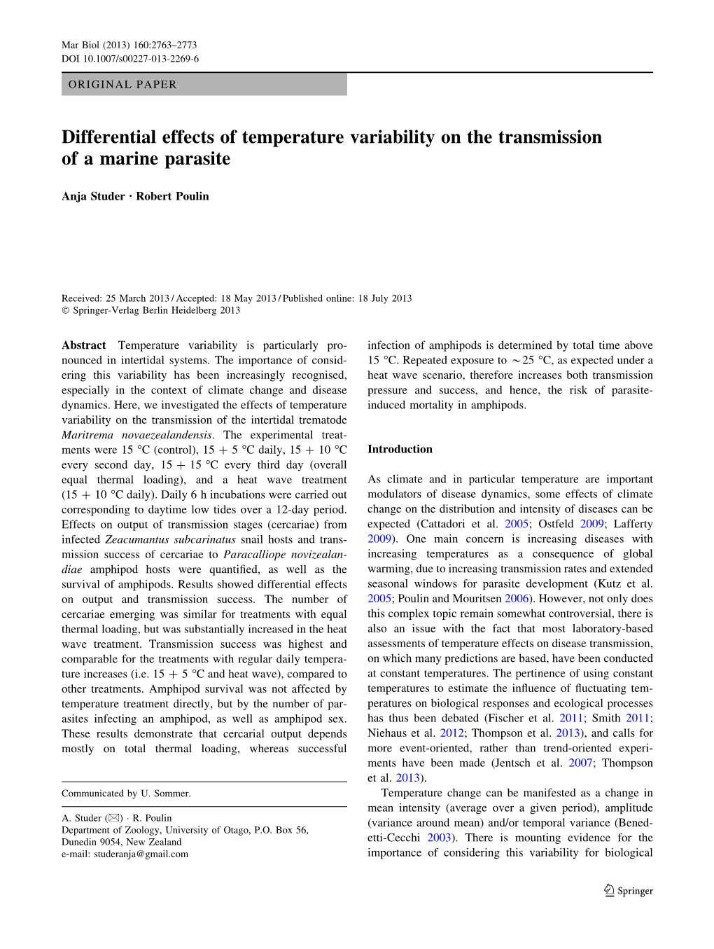 Differential Effects of Temperature Variability on the Transmission of a Marine Parasite