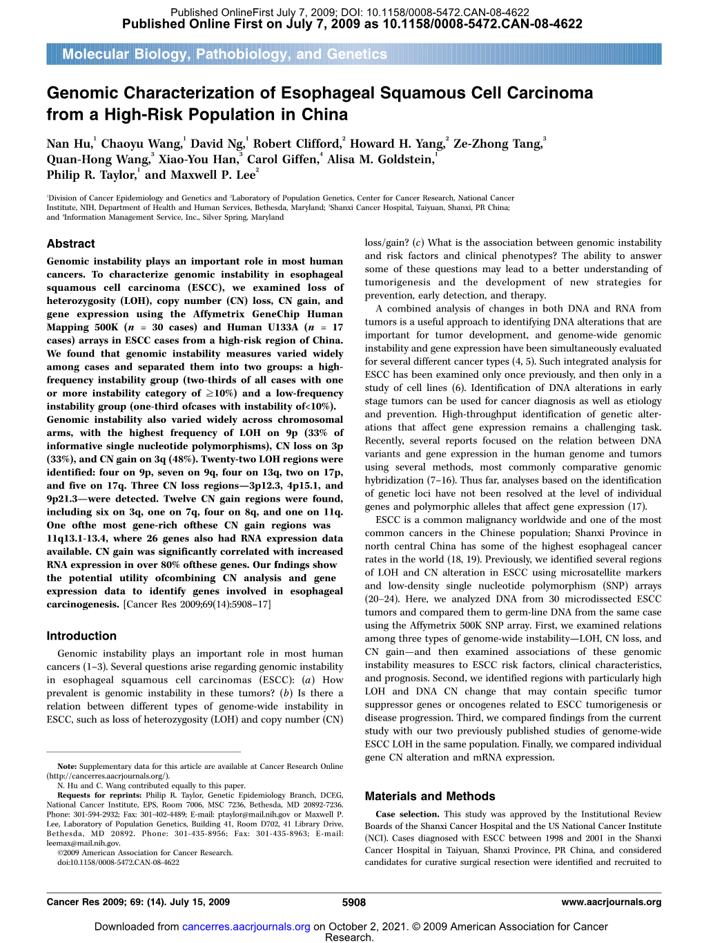 Genomic Characterization of Esophageal Squamous Cell Carcinoma from a High-Risk Population in China