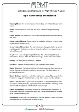 Definitions and Concepts for AQA Physics a Level