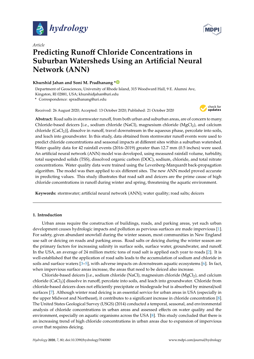 Predicting Runoff Chloride Concentrations in Suburban