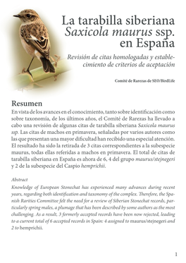 La Tarabilla Siberiana Saxicola Maurus Ssp. En España Revisión De Citas Homologadas Y Estable- Cimiento De Criterios De Aceptación
