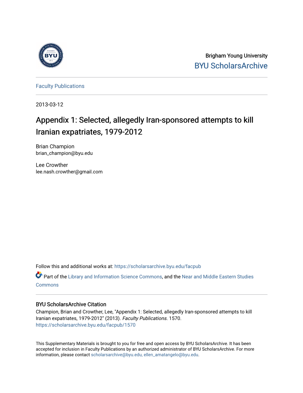 Selected, Allegedly Iran-Sponsored Attempts to Kill Iranian Expatriates, 1979-2012