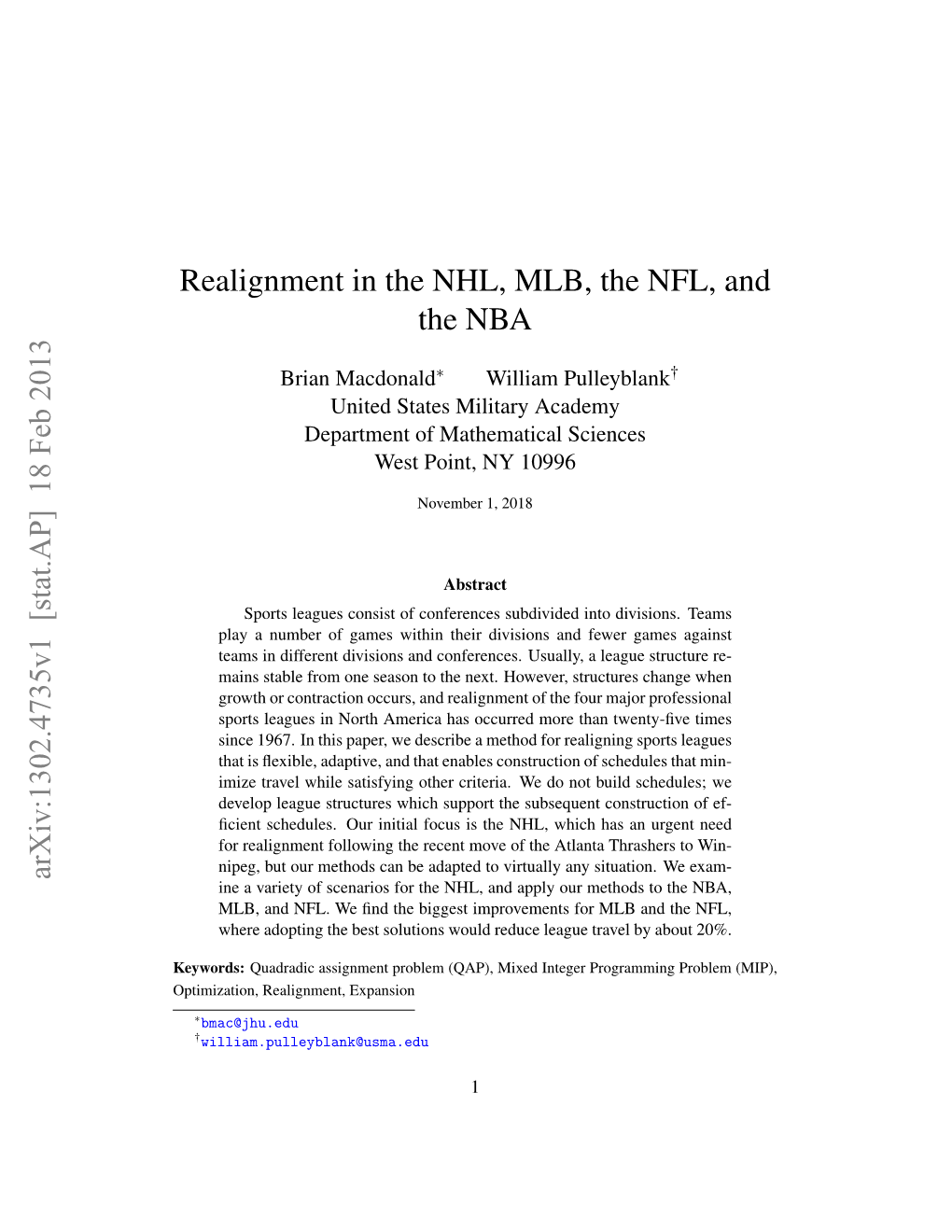 Realignment in the NHL, MLB, the NFL, and the NBA Arxiv:1302.4735