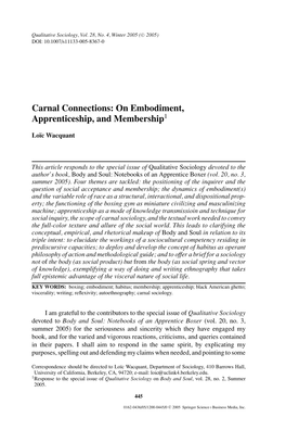 Carnal Connections: on Embodiment, Apprenticeship, and Membership1