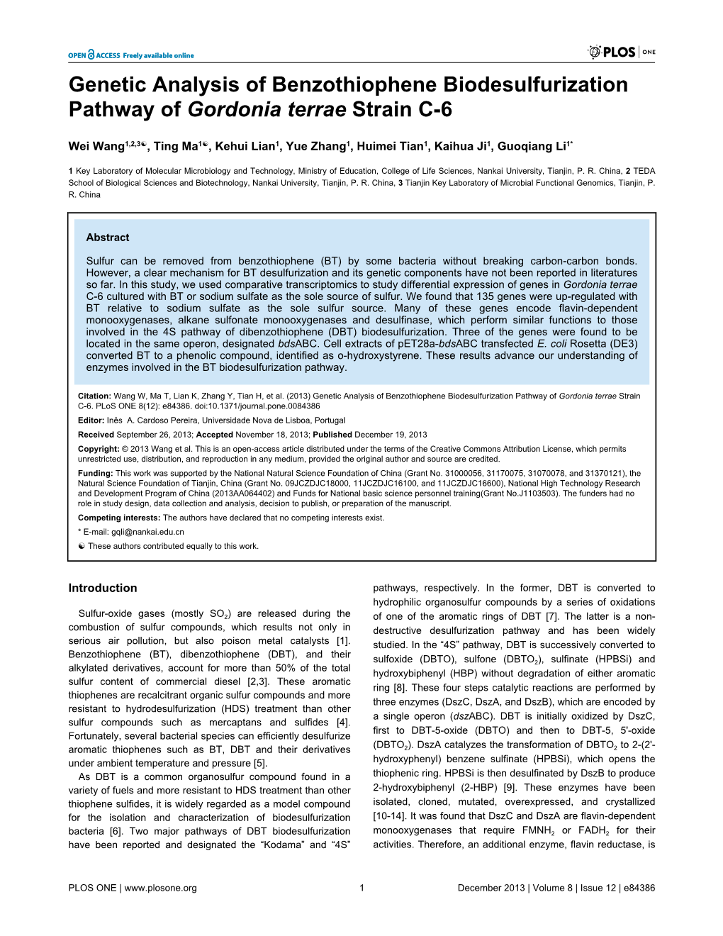 Genetic Analysis of Benzothiophene Biodesulfurization Pathway of Gordonia Terrae Strain C-6