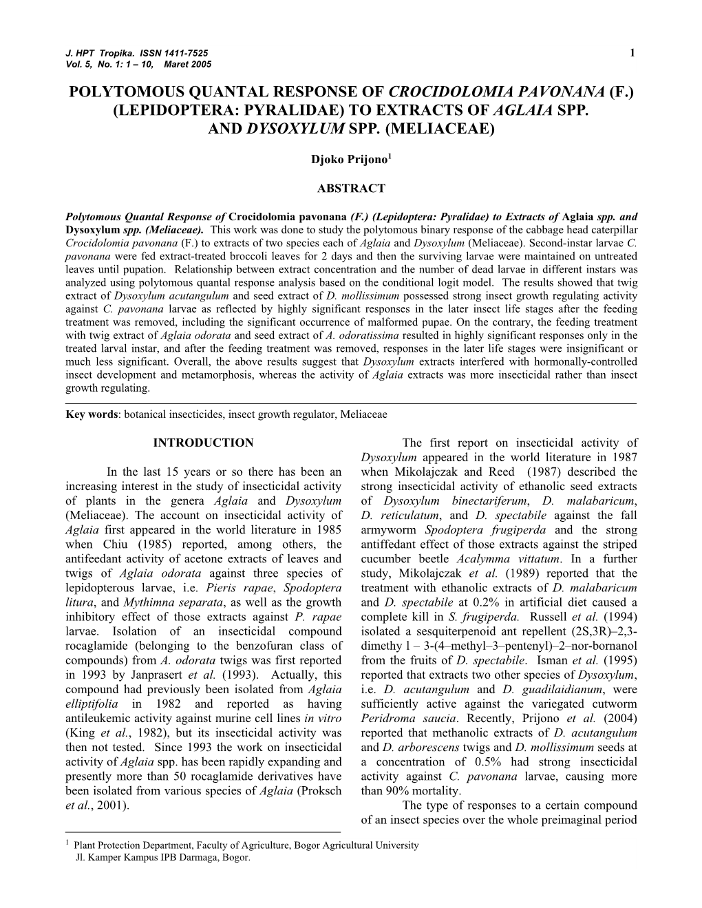 Polytomous Quantal Response of Crocidolomia Pavonana (F.) (Lepidoptera: Pyralidae) to Extracts of Aglaia Spp