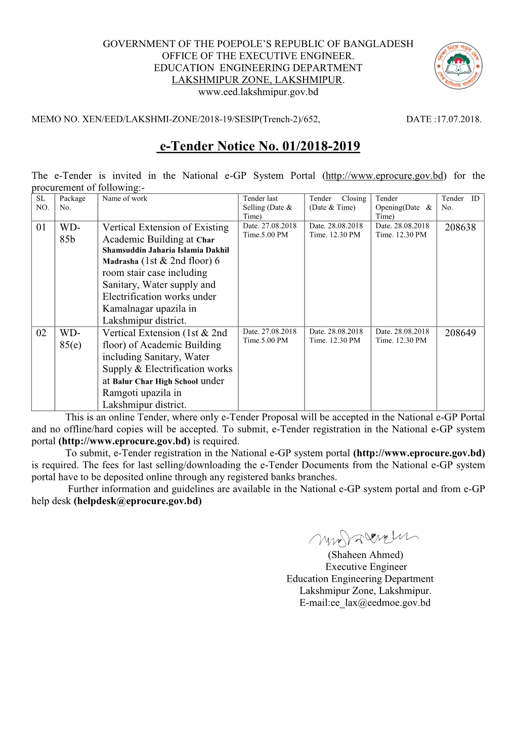 E-Tender Notice No. 01/2018-2019