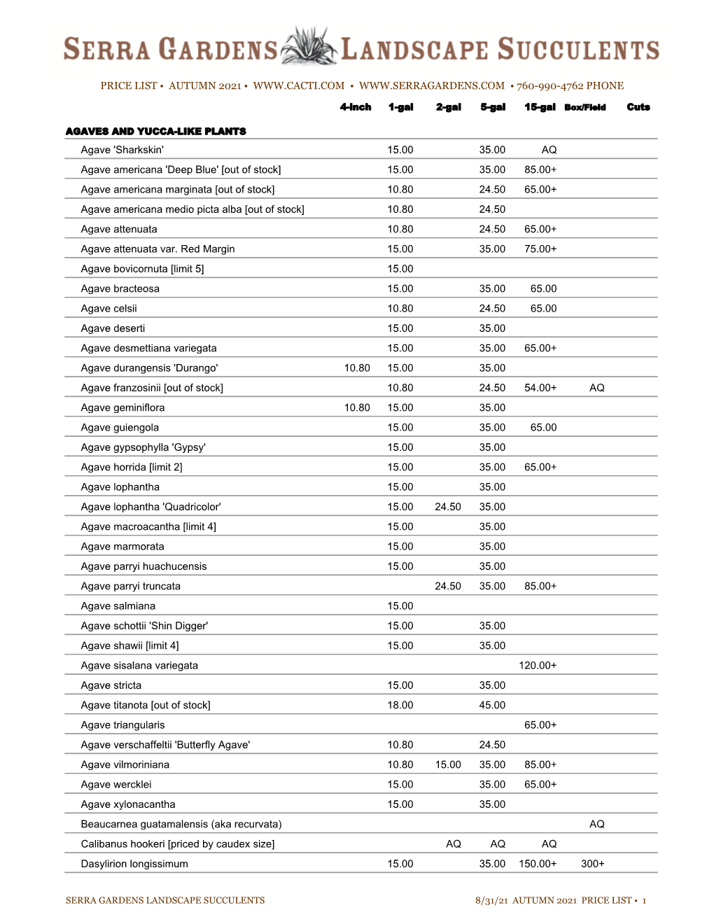 Download a PDF of This Price List