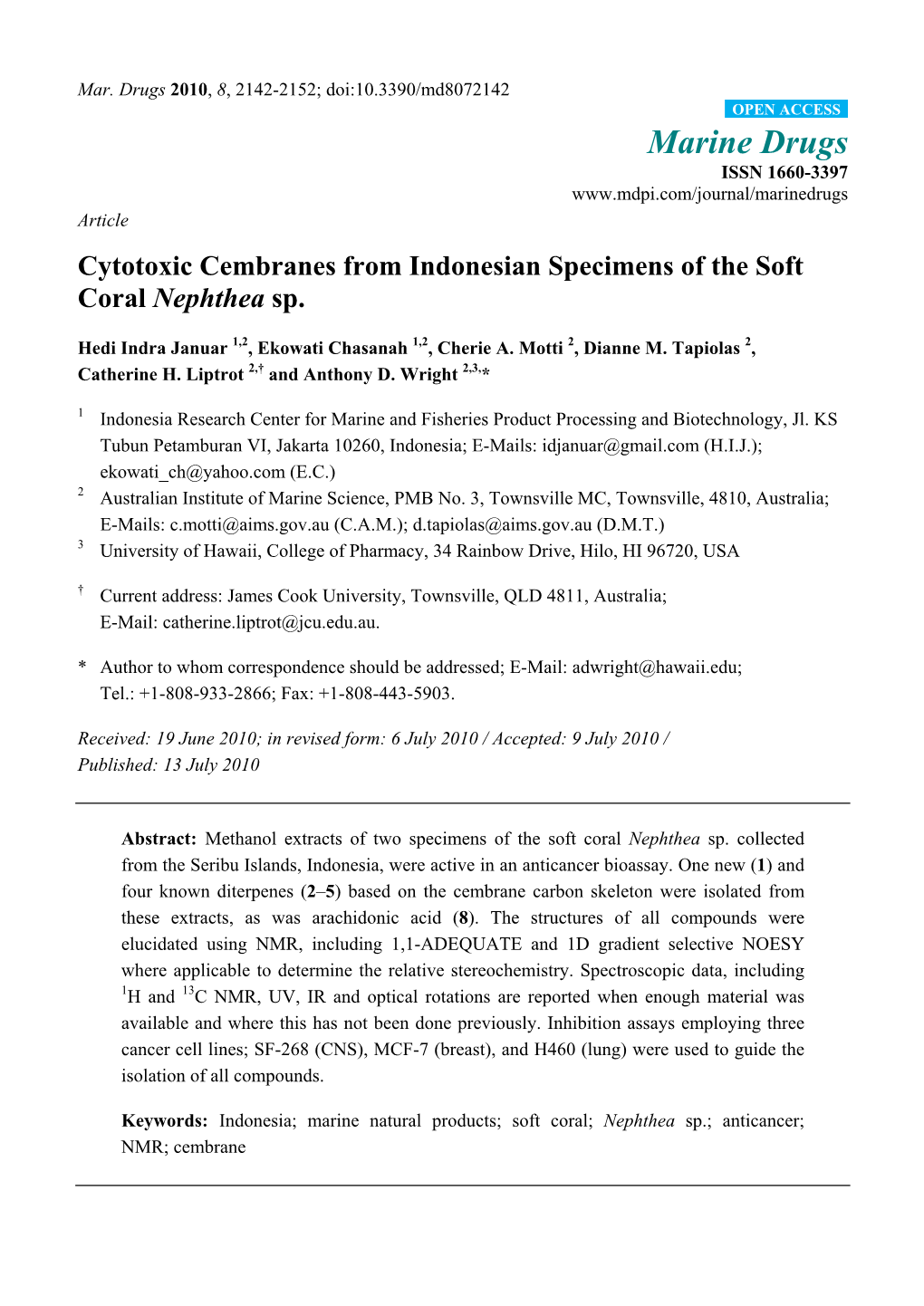Cytotoxic Cembranes from Indonesian Specimens of the Soft Coral Nephthea Sp
