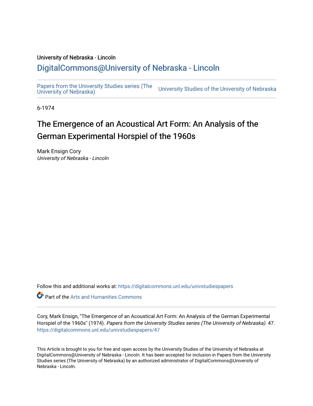 The Emergence of an Acoustical Art Form: an Analysis of the German Experimental Horspiel of the 1960S