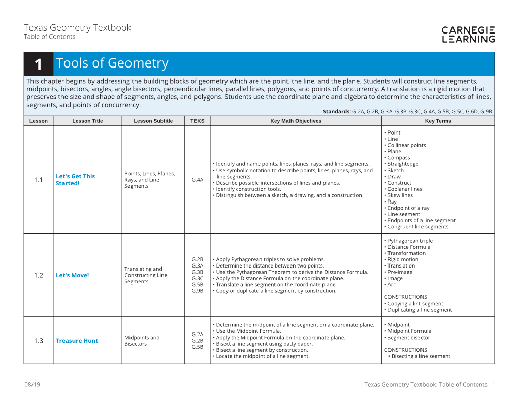 1 Tools of Geometry This Chapter Begins by Addressing the Building Blocks of Geometry Which Are the Point, the Line, and the Plane