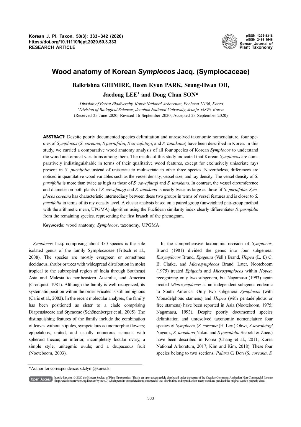 Wood Anatomy of Korean Symplocos Jacq