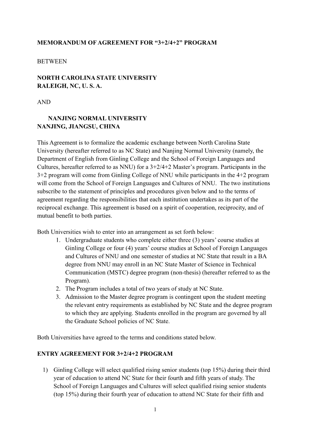 Memorandum of Agreement for “3+2/4+2” Program