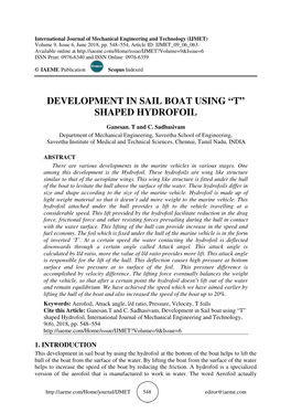 Development in Sail Boat Using “T” Shaped Hydrofoil
