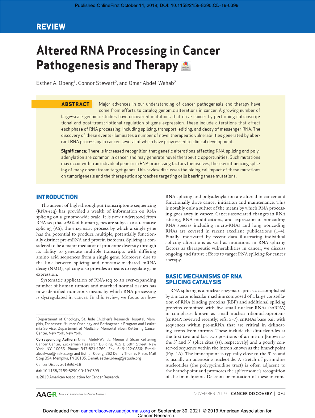 Altered RNA Processing in Cancer Pathogenesis and Therapy