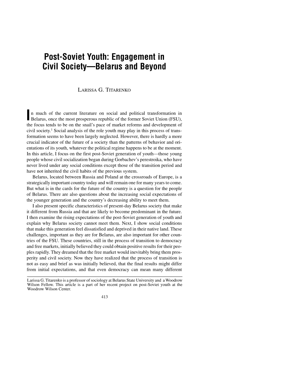 Post-Soviet Youth: Engagement in Civil Society—Belarus and Beyond