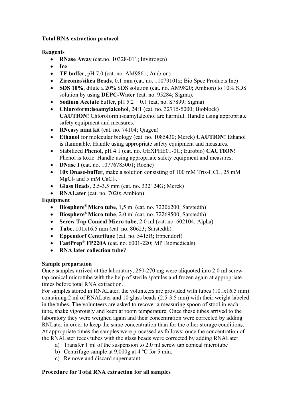 Total RNA Extraction Protocol