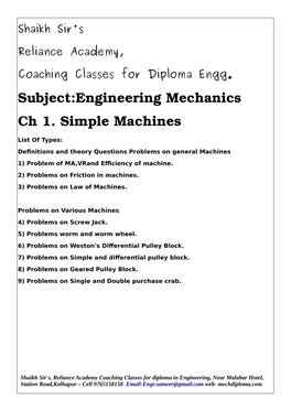 Subject:Engineering Mechanics Ch 1. Simple Machines