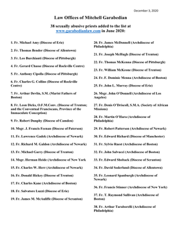 Law Offices of Mitchell Garabedian 38 Sexually Abusive Priests Added to the List at in June 2020