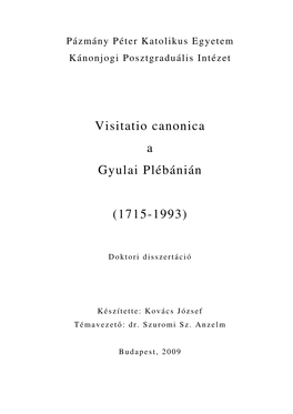 Visitacio Canonica a Gyulai Plébánián