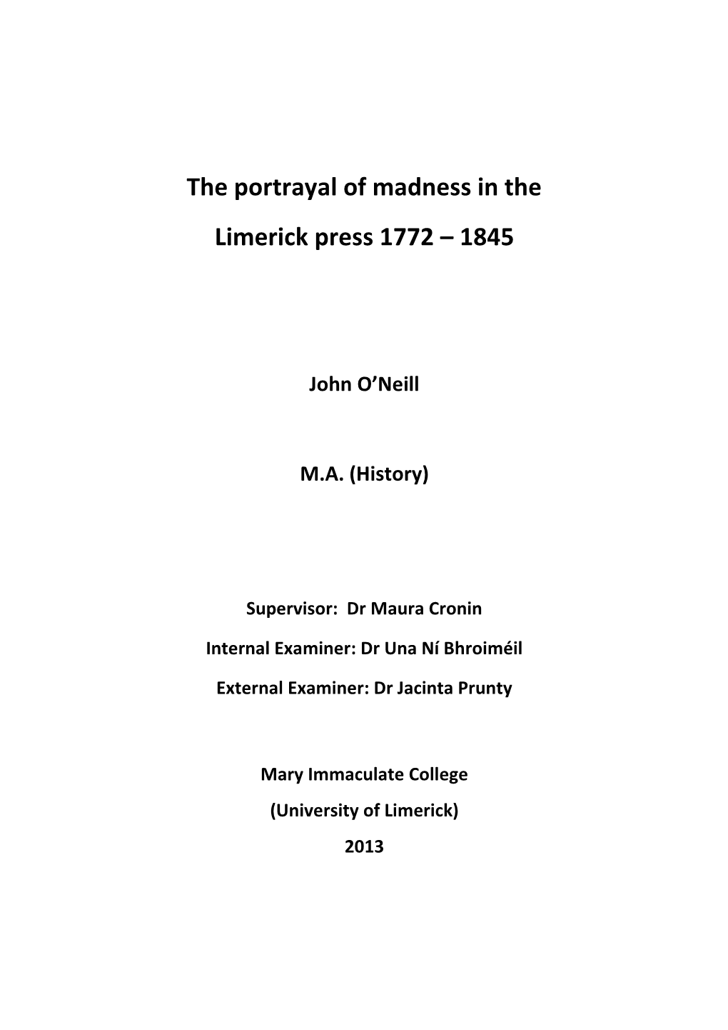 The Portrayal of Madness in the Limerick Press 1772 – 1845