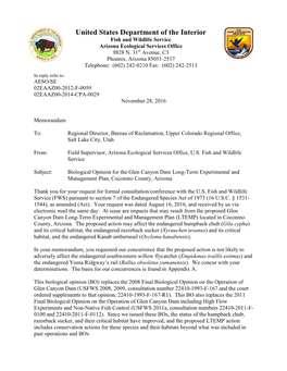 Biological Opinion for the Glen Canyon Dam Long-Term Experimental and Management Plan, Coconino County, Arizona