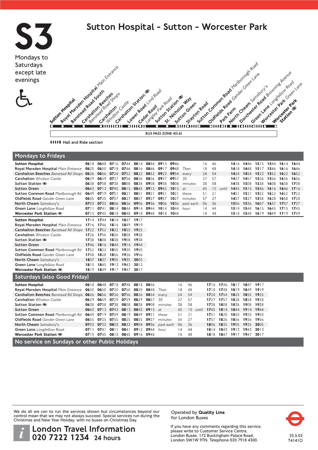 S3 Sutton Hospital - Sutton - Worcester Park Mondays to Saturdays Except Late Evenings