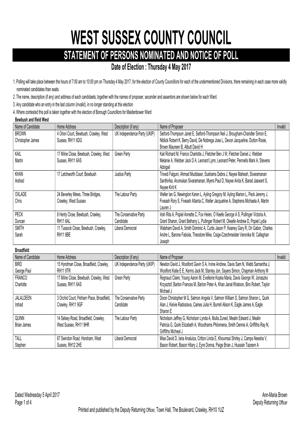 Notice of Poll for Divisions in Crawley